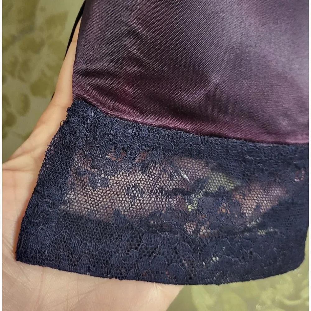 Vintage Satin A-Line Skirt with Lace Hem – Deep Plum Midi Skirt